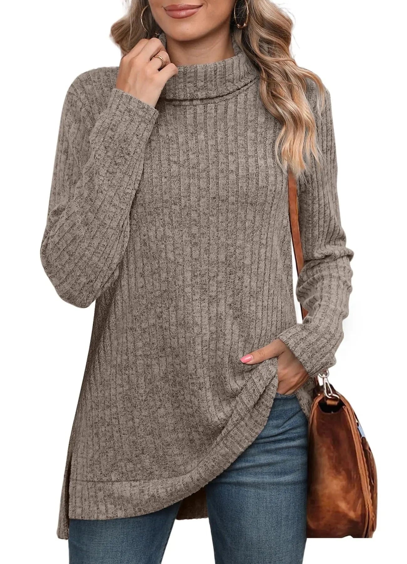 2 XL / cofee New European and American Autumn and Winter High collar neck side split Solid color Long sleeve T-shirt  women's clothing
