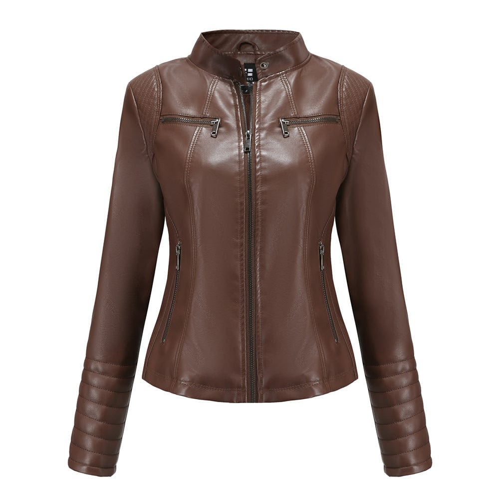 2 XL / Coffee PDEP fashion designer women high quality pu leather jacket for women plus size moto biker jacket for ladies