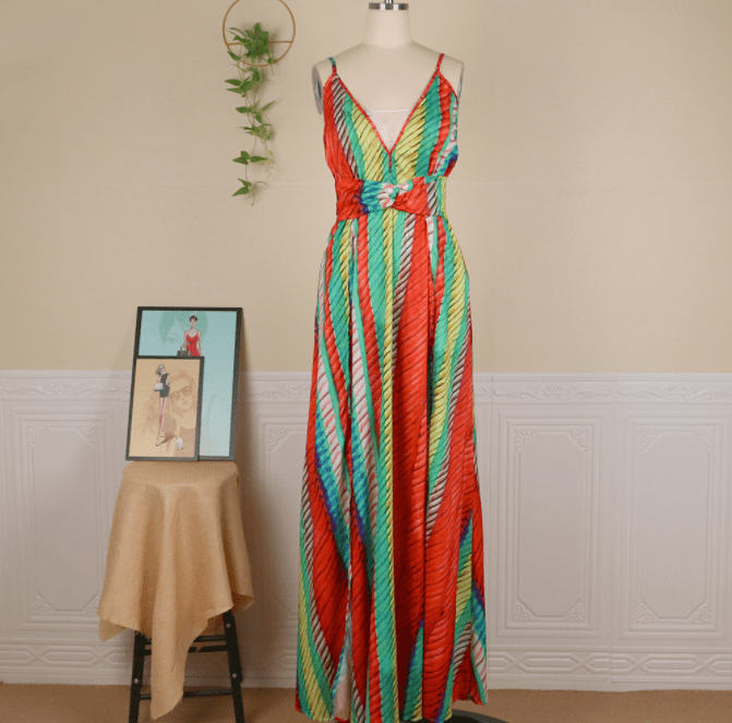 2 XL / Colorful Beach Summer Halter Print Colorful Striped V Neck Women Casual Dresses