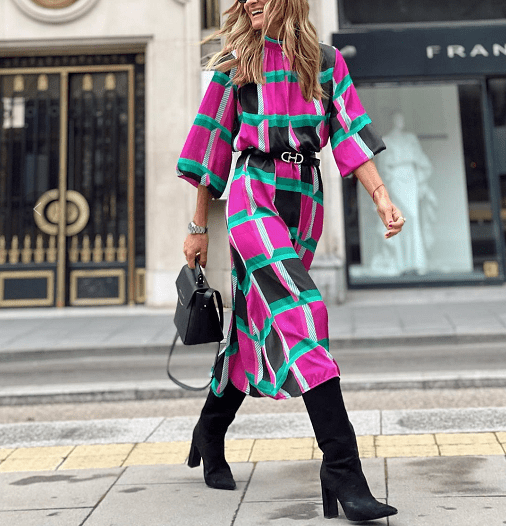 2 XL / Fuchsia Fashion Ladies Nine-point Sleeve Loose Long Dress Spring Autumn Retro Pattern Print Dress Women Casual O-neck Office Long Dress