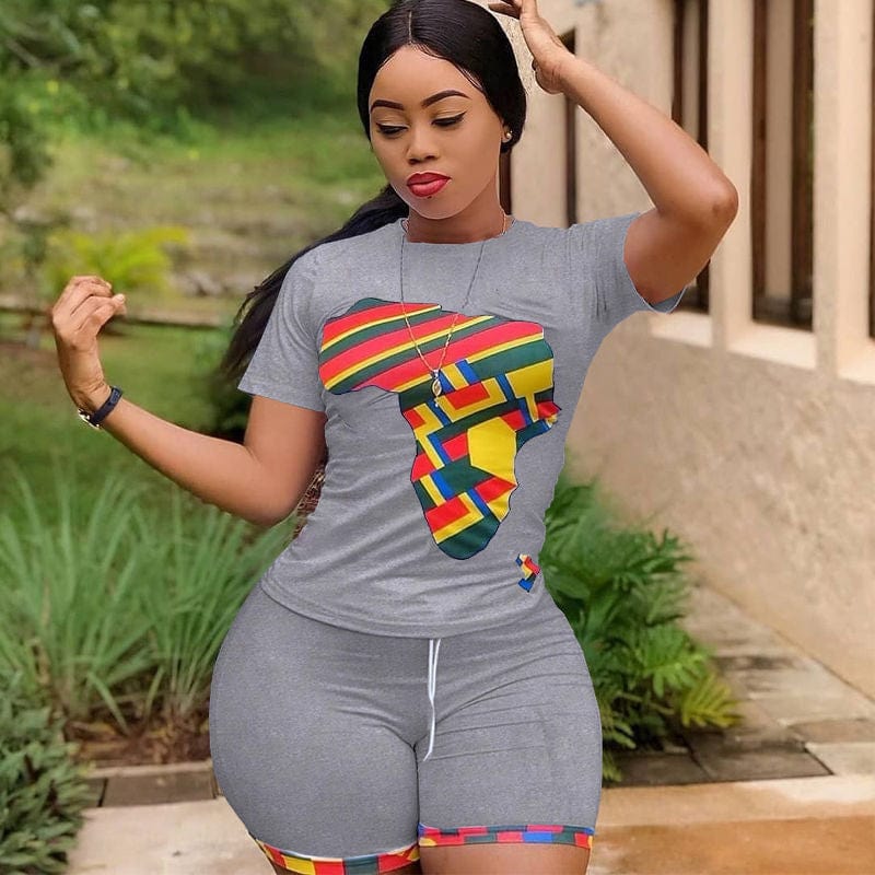 2 XL / Gray 2022 New Arrival African American Camouflage T shirt With Shorts Two Pieces Set Women Clothing Sports Workout Fashion Outfit