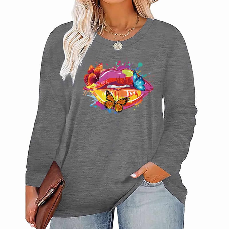 2 XL / Gray butterfly pattern Plus Size Women's Top Autumn X-Large-5X-Large woman clothes y2k t shirt oversized long sleeve tshirt