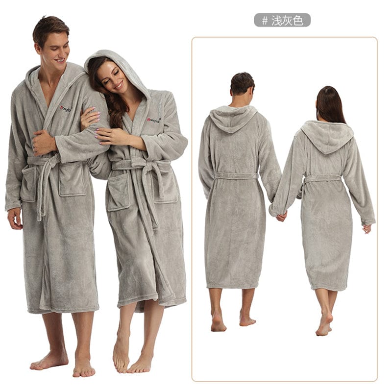 2 XL / Gray unisex winter warm soft terry cloth flannel bathrobes women's warm plus size 1 piece long sleeve robe pajama gown for women