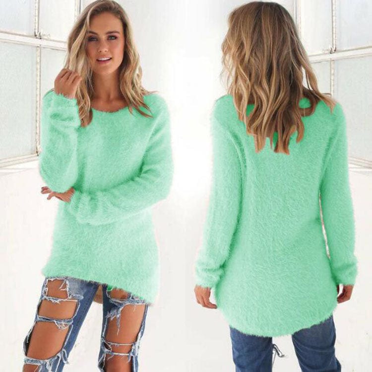 2 XL / green 2022 Fall Fashion Ladies Solid Color Fleece Loose Sweater Top Women Winter Crewneck Long Sleeve Pullover Warm Sweaters for Woman