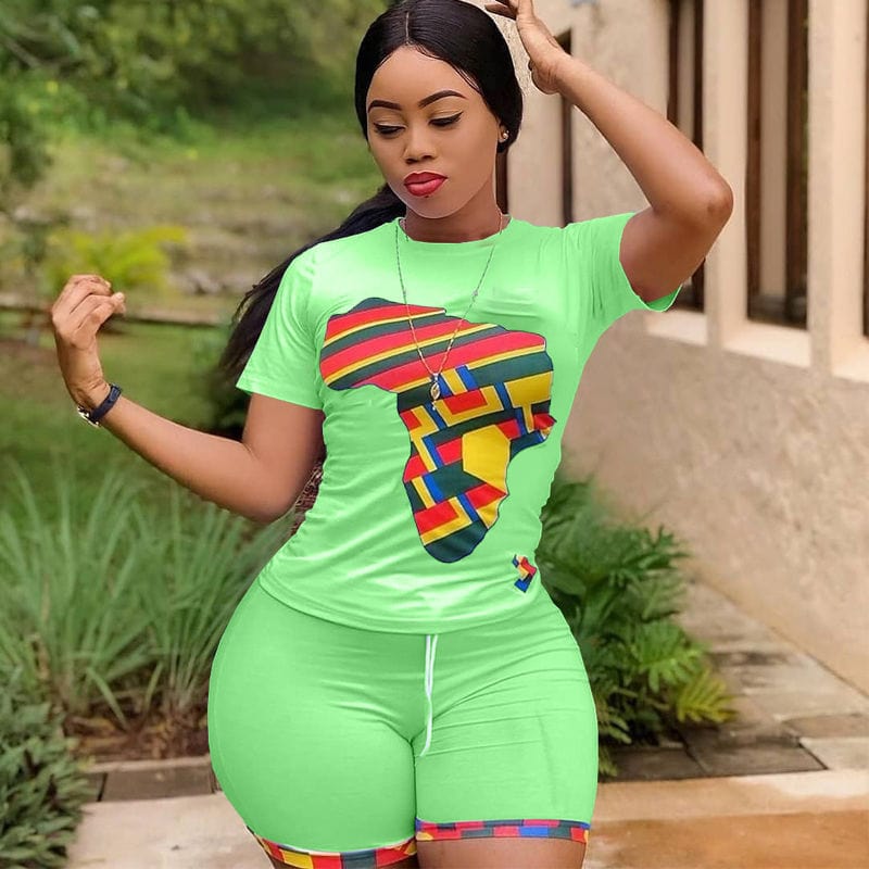 2 XL / green 2022 New Arrival African American Camouflage T shirt With Shorts Two Pieces Set Women Clothing Sports Workout Fashion Outfit