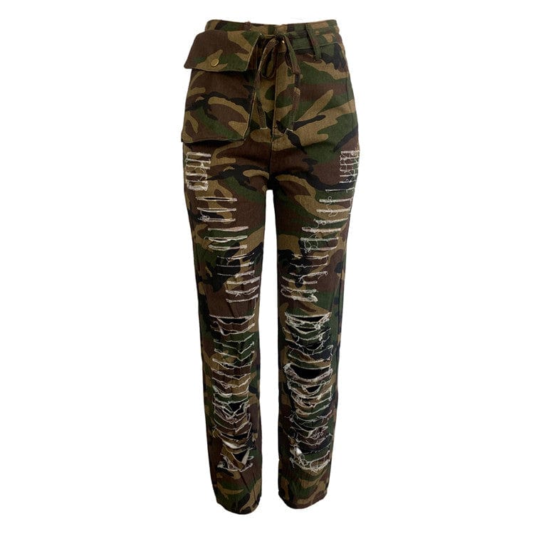 2 XL / green Baggy Pants Women 2023 Pockets High Waist Green Fashion Cargo Pants Casual Hole Camouflage Trousers
