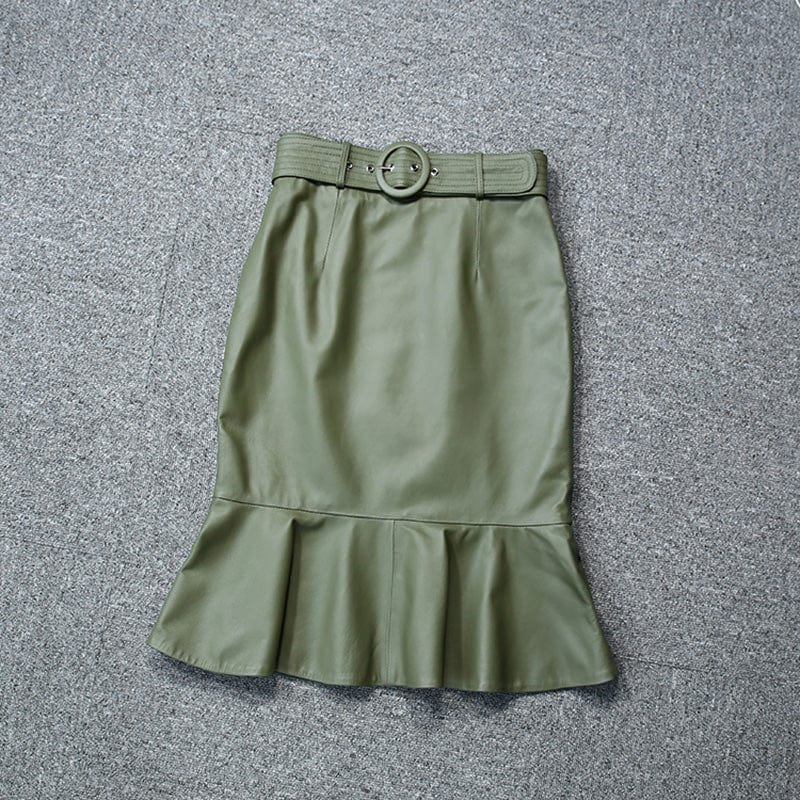 2 XL / green Handmade Plus Size Mermaid Sheepskin Skirts Elegant Durable Trumpet Leather Skirts