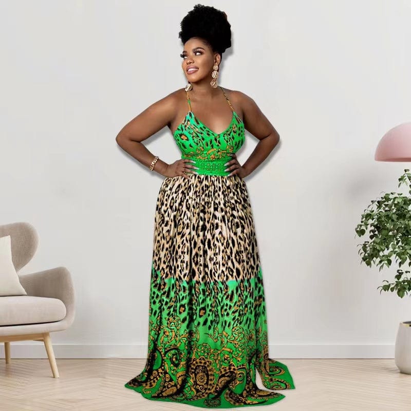 2 XL / green J&H 2023 new arrivals S-5XL plus size women dress sexy cheetah print maxi dress sundresses vacation party dresses