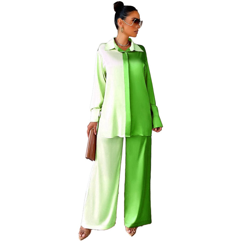 2 XL / green Liu Ming Fall Women Elegant 2023 New Product 2 Piece Outfits Long Sleeve Shirt Pants Suit