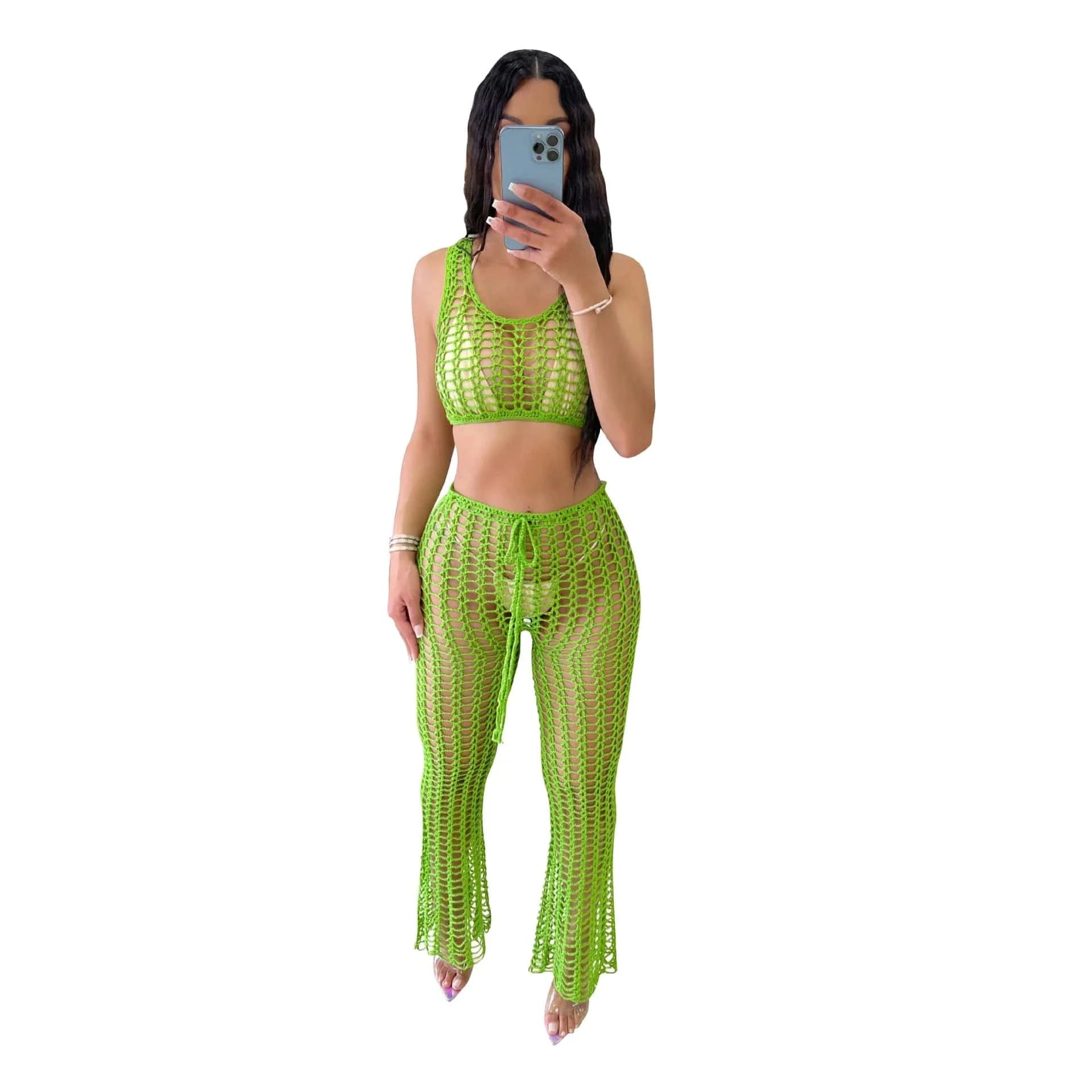 2 XL / green New Arrivals Summer Sexy Crochet Hollow Out Set Clothing Ladies Wide Leg Two Piece PantS Set Outfits Joggers