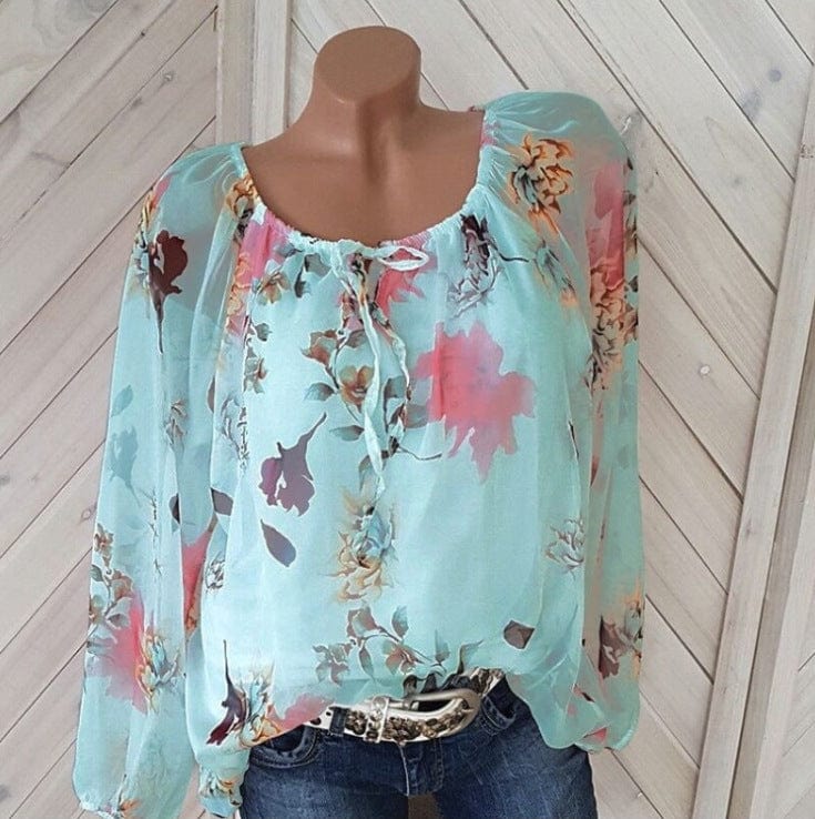 2 XL / green S-5XL Summer Women's Fashion Plus Size Long Sleeve Crew Neck Floral Print Chiffon Shirt blouse
