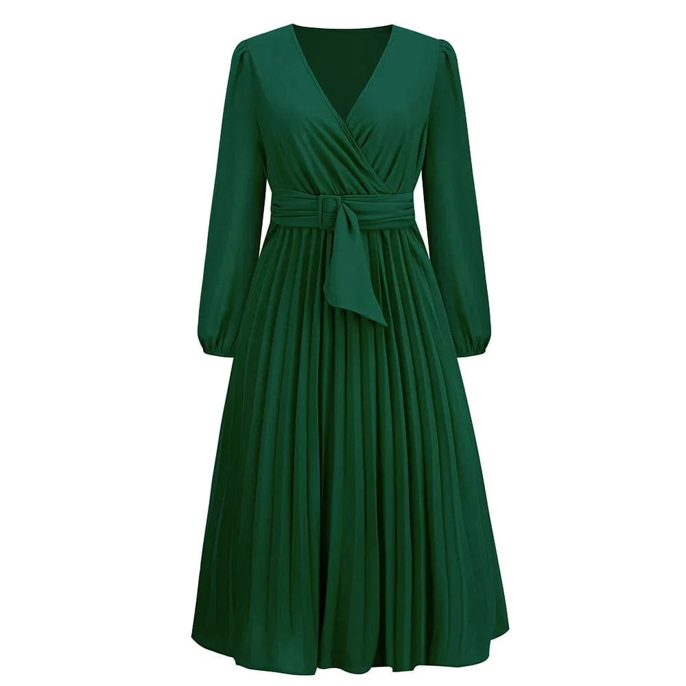 2 XL / green Spring Autumn New Long Sleeve Slim Pleated Belt V-neck Women's A-line Dress Lantern Sleeve Evening Women Elegant Dresses