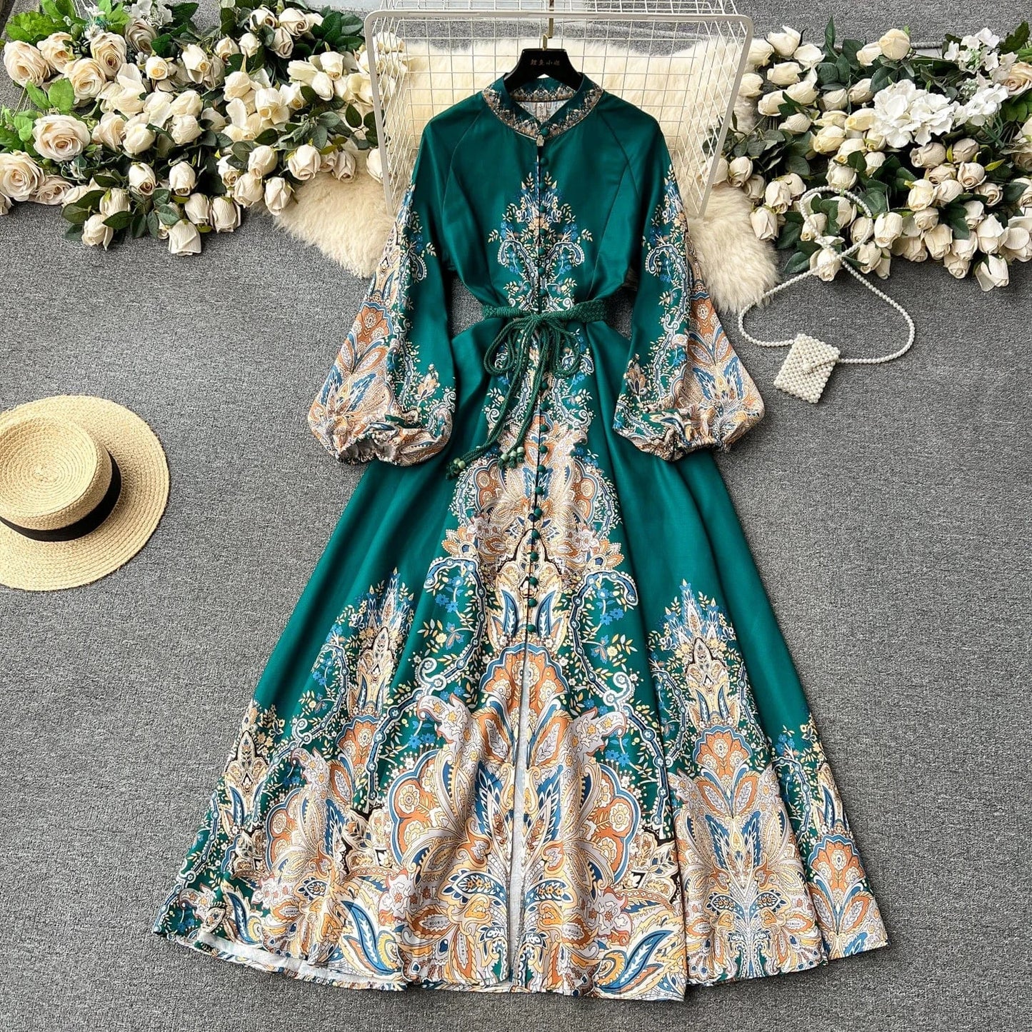 2 XL / green Spring Full Sleeve Stand Collar Print Casual Dress Women High Waist Lantern Sleeve Midi A-line Dress Ladies Elegant Dresses
