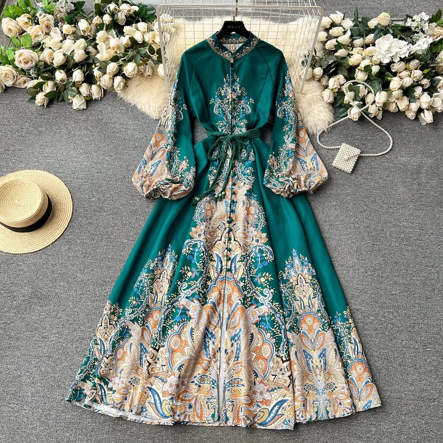 2 XL / green Spring Full Sleeve Stand Collar Print Casual Dress Women High Waist Lantern Sleeve Midi A-line Dress Ladies Elegant Dresses