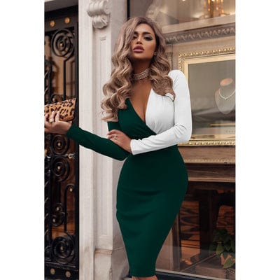 2 XL / green+white Woman Spring Dress Long Sleeve Party Dress Deep V Neck Bodycon Dresses Fashion Black White Color Matching Office Lady Bodycon