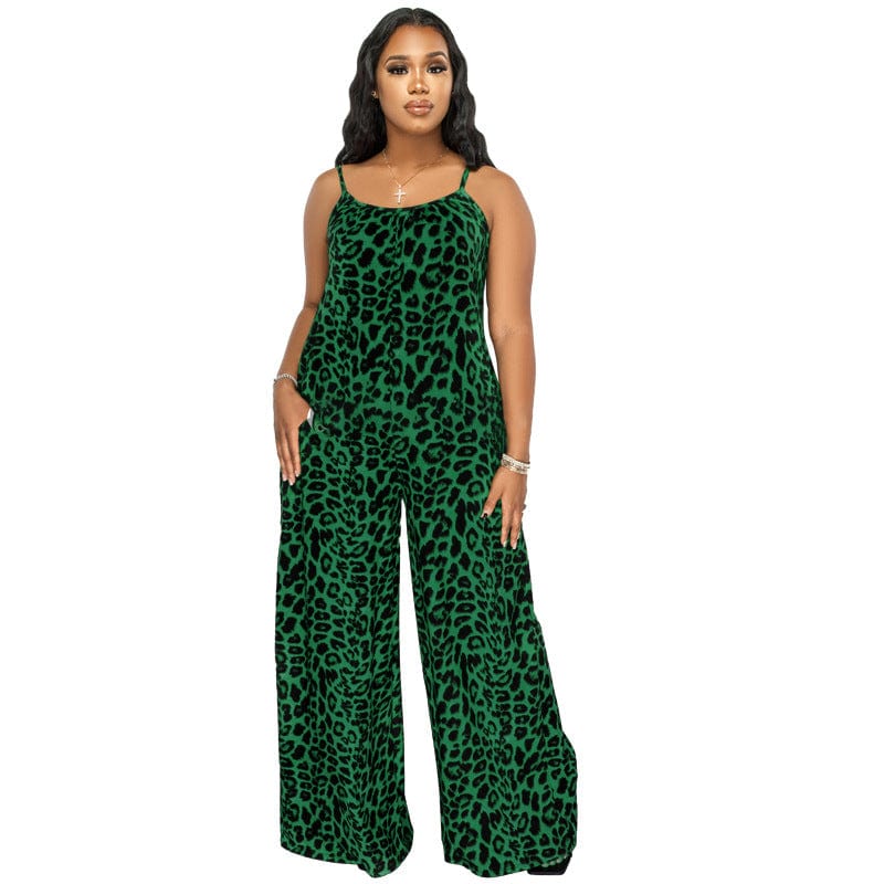 2 XL / Green Wholesale Plus Size Strap Cheetah Print Womens Jumpsuit Leopard Print Wide Leg Jumpsuit Leopard Oversized Jumpsuits For Women