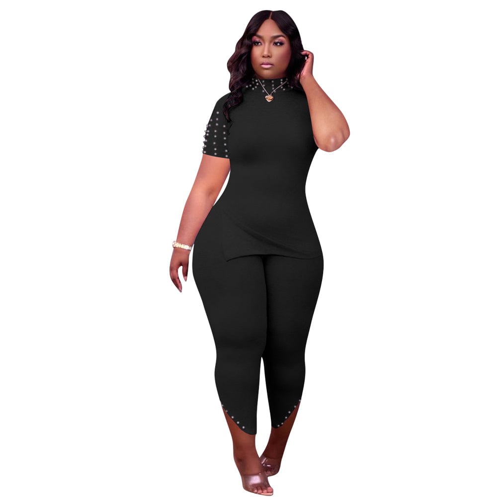 2 XL / H8958-2 Pure color beaded casual slits plus size short sleeve two-piece suit 2022 new arrivals