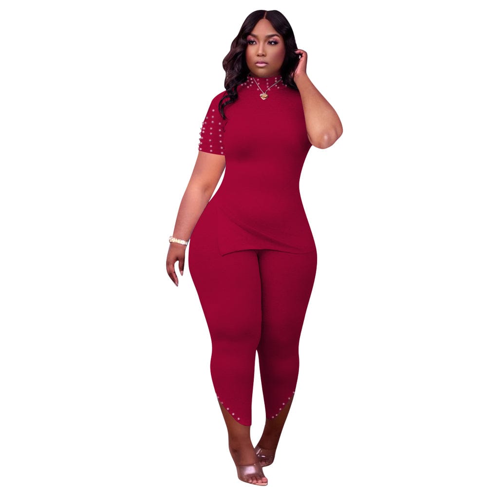 2 XL / H8958-4 Pure color beaded casual slits plus size short sleeve two-piece suit 2022 new arrivals