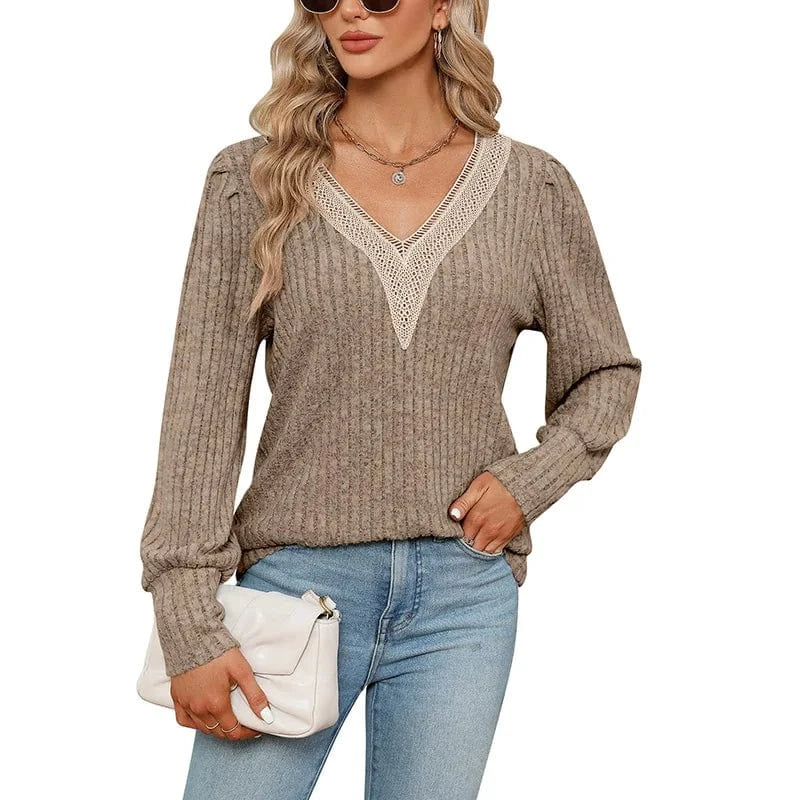 2 XL / Khaki 2023 Autumn new European and American Foreign trade Women's V-neck lace Loose pit sanding Loose Long sleeve T-shirt