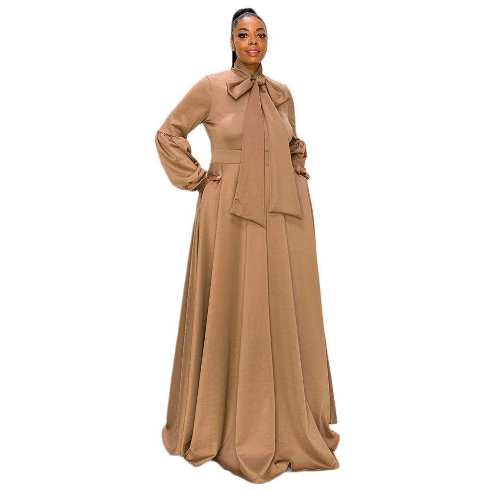 2 XL / Khaki C1102ME21 High Quality Plus Size Casual Solid Color Bow A-line Dress Women Sehe Fashion
