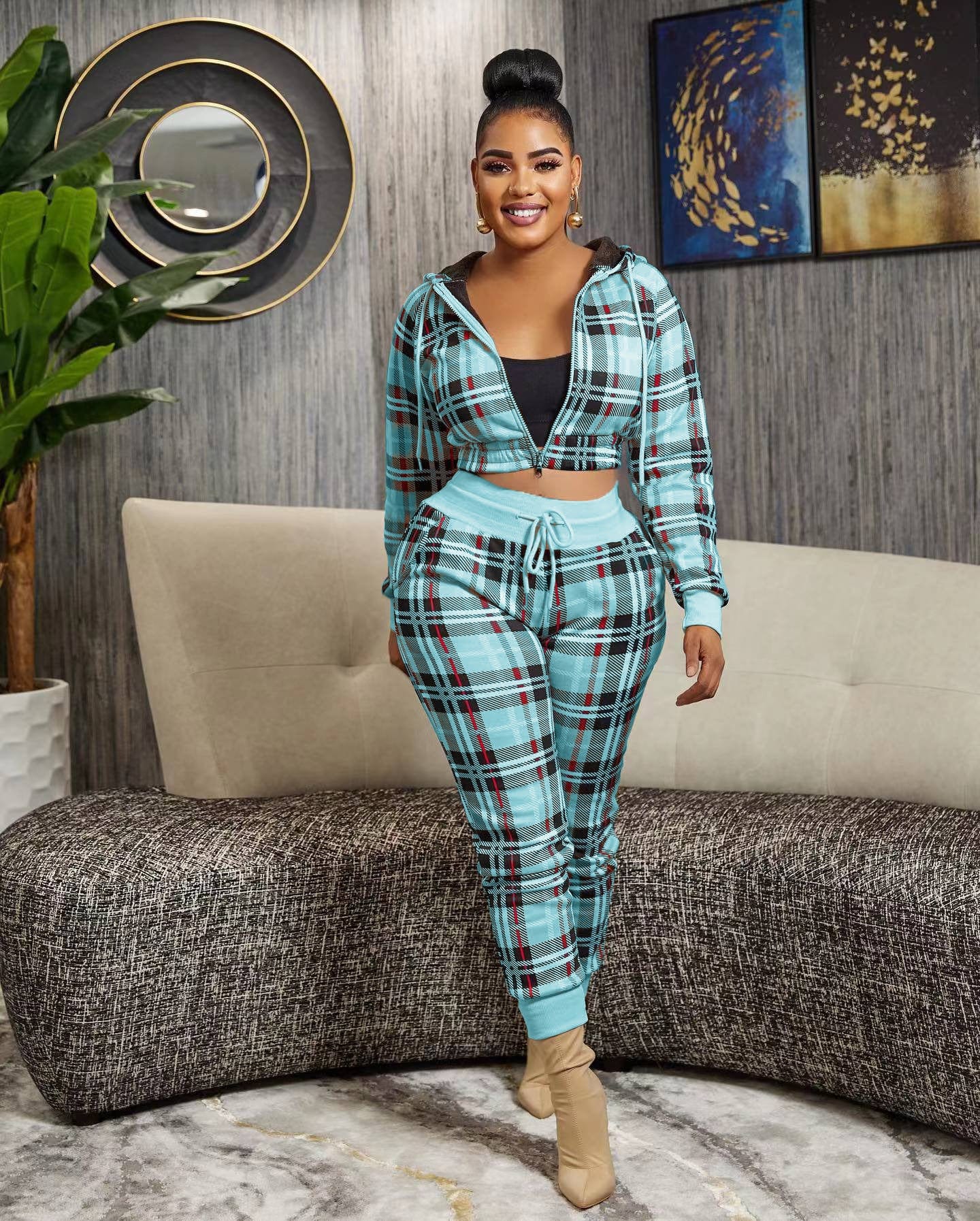 2 XL / Lake Blue Sharee 2023 Popular Brand Clothes Us Size Two Piece Plaid Hoodie Jacket Pants Sets Sweatsuit Sets Women