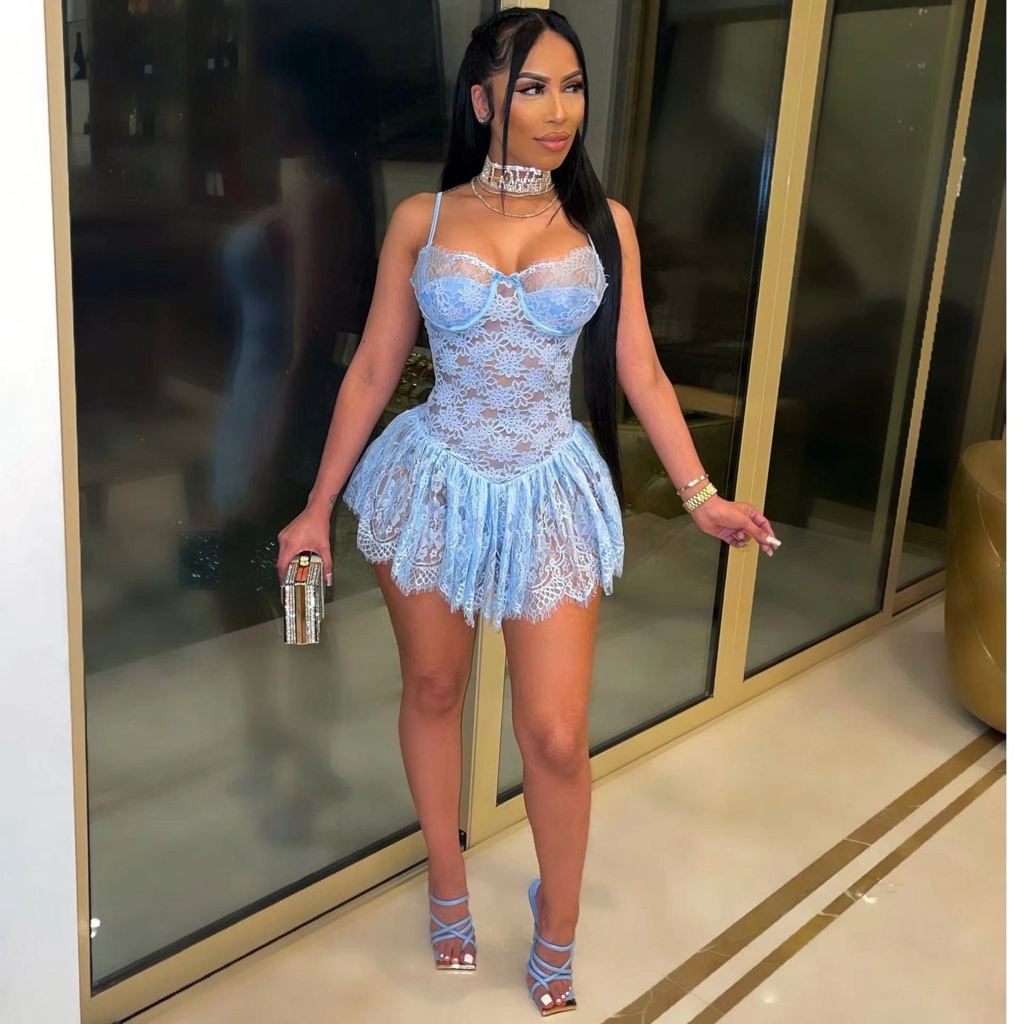 2 XL / Light Blue 2022 Wholesale solid color women sexy hollow out lace dress mini dresses night club lstylish sexy dress for women
