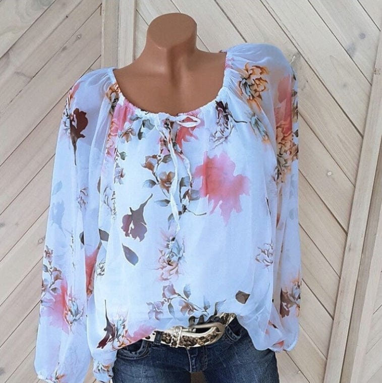 2 XL / Light Blue S-5XL Summer Women's Fashion Plus Size Long Sleeve Crew Neck Floral Print Chiffon Shirt blouse