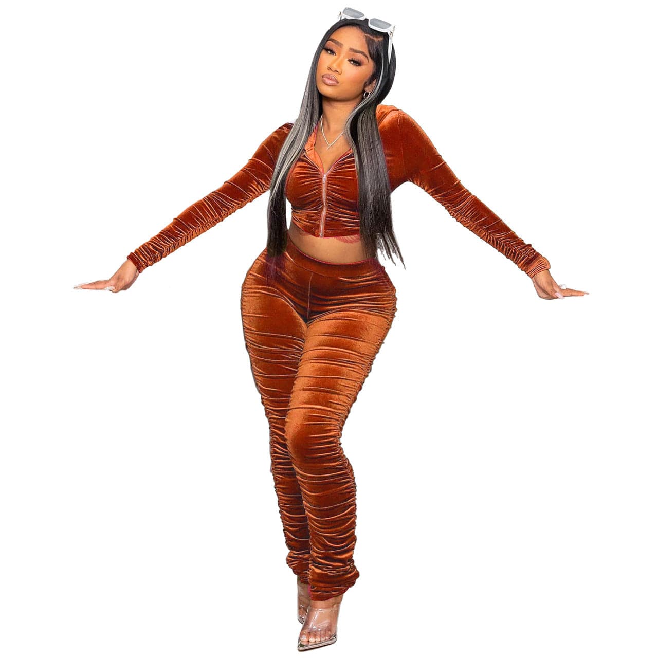 2 XL / light brown 2023 New Arrival stacked sweat pants Hooded Long Sleeve Pleated Casual two piece velvet set women velvet tracksuit