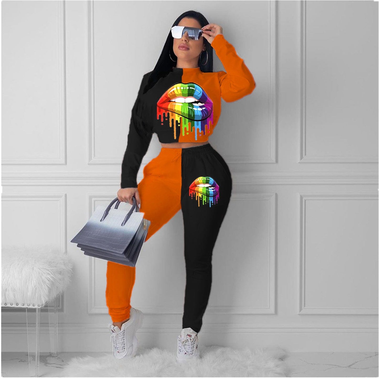 2 XL / Orange High Quality Custom Fall Street Wear Long Sleeve Stitching Color Crop Top Printed 2 Piece Pants Outfit Two Piece Sets For Women