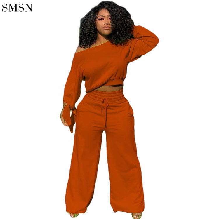 2 XL / Orange High Quality Solid Color Long Sleeve And Fleece Loose Trouser Suit Two Piece Pants Set Women