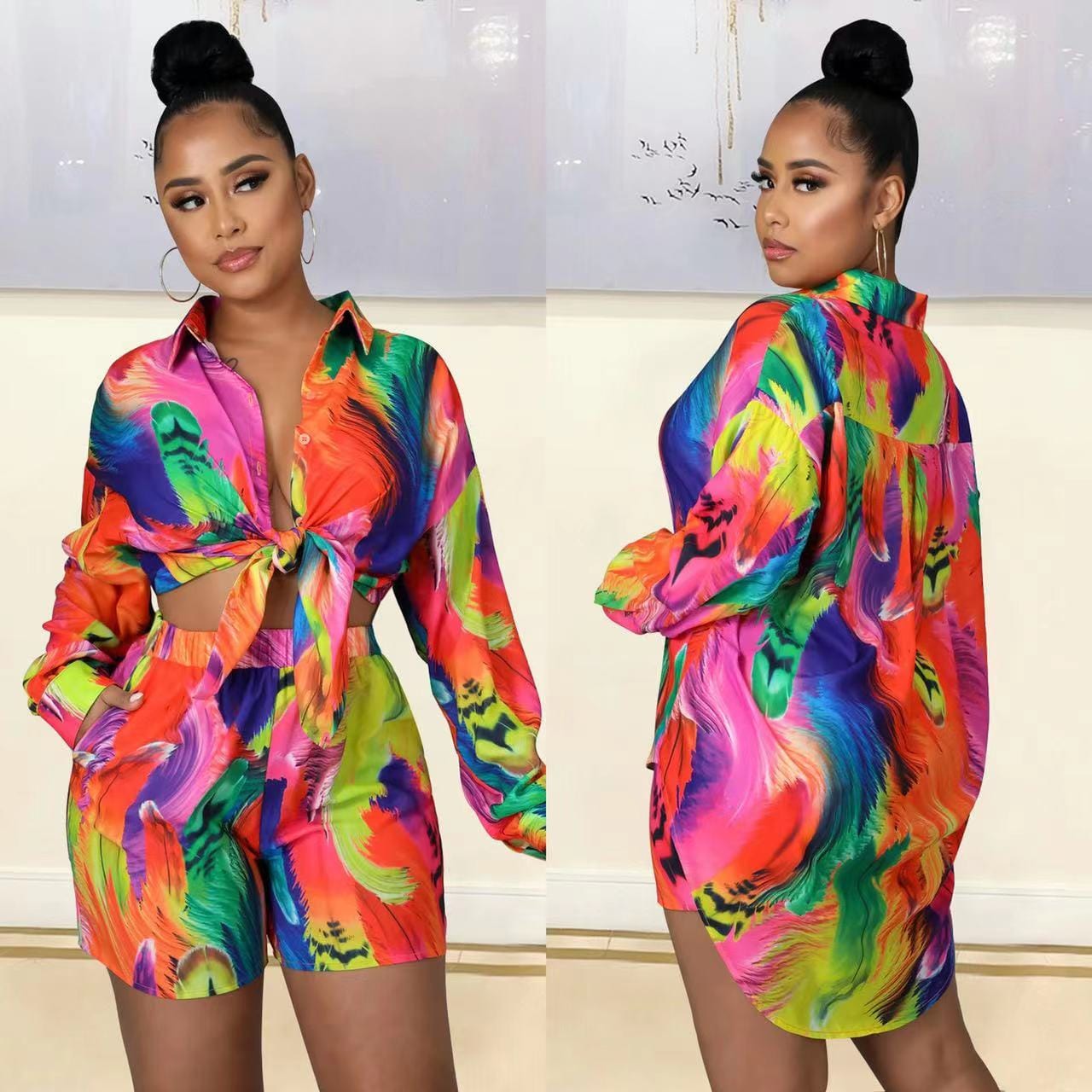 2 XL / Orange J&H 2023 new arrivals oversized tie dye shirts shorts two piece ladies lounge wear set fashion long sleeve tops and mini shorts