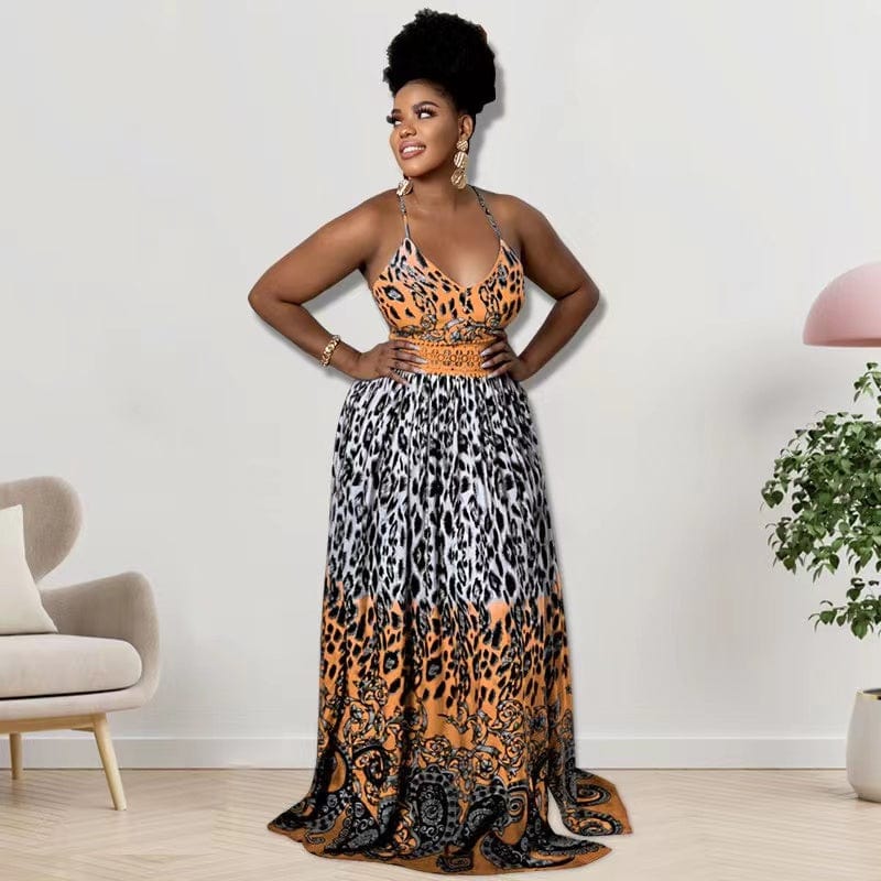 2 XL / Orange J&H 2023 new arrivals S-5XL plus size women dress sexy cheetah print maxi dress sundresses vacation party dresses