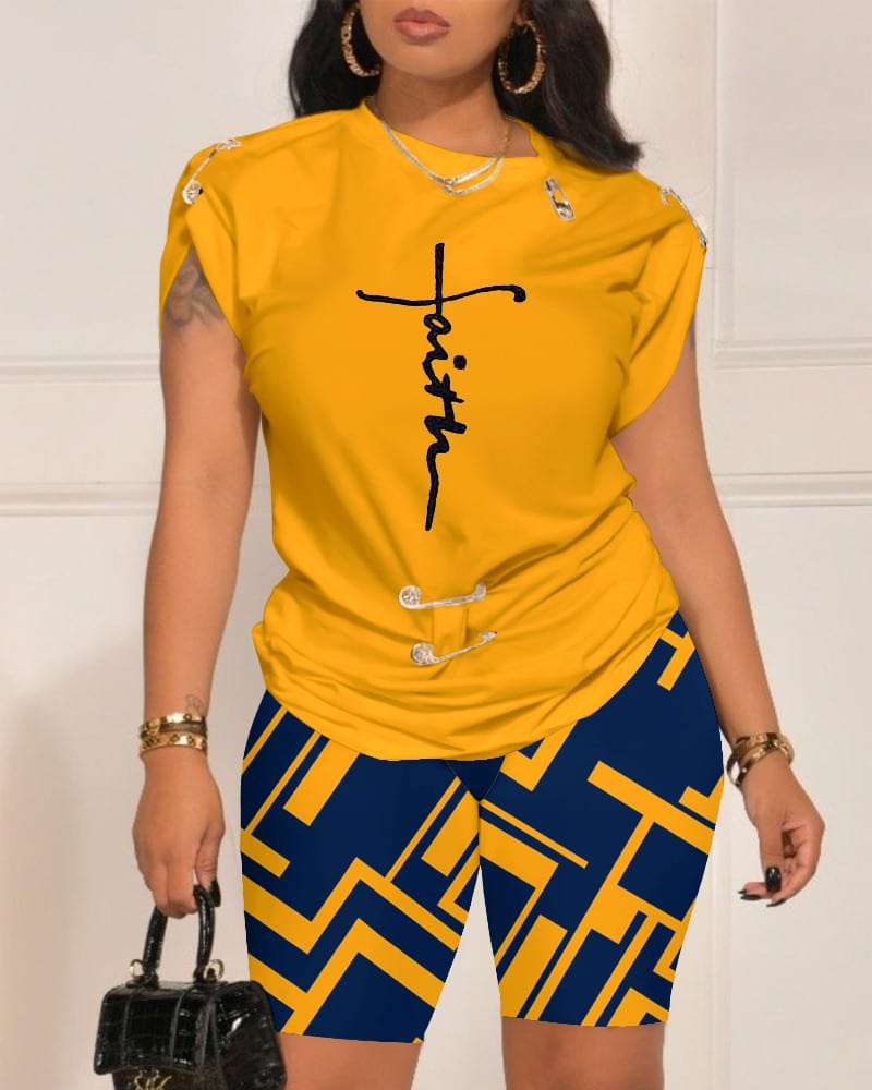 2 XL / Orange Plus size women's set digital printed blessed t shirts with pin summer camouflage shorts 2 piece set women active wear