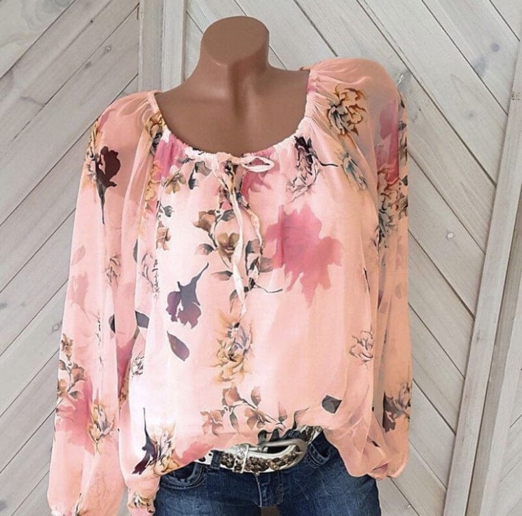 2 XL / Orange S-5XL Summer Women's Fashion Plus Size Long Sleeve Crew Neck Floral Print Chiffon Shirt blouse