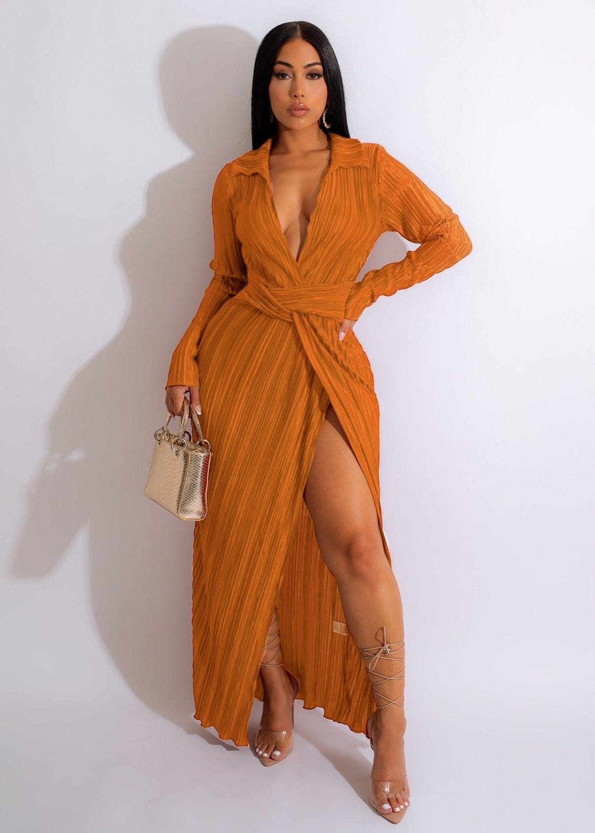 2 XL / Orange Trendy Women Clothes Fashion Dresses Split Dress V Neck Long Sleeve Fall Winter Sexy Women Maxi Pleated Dresses