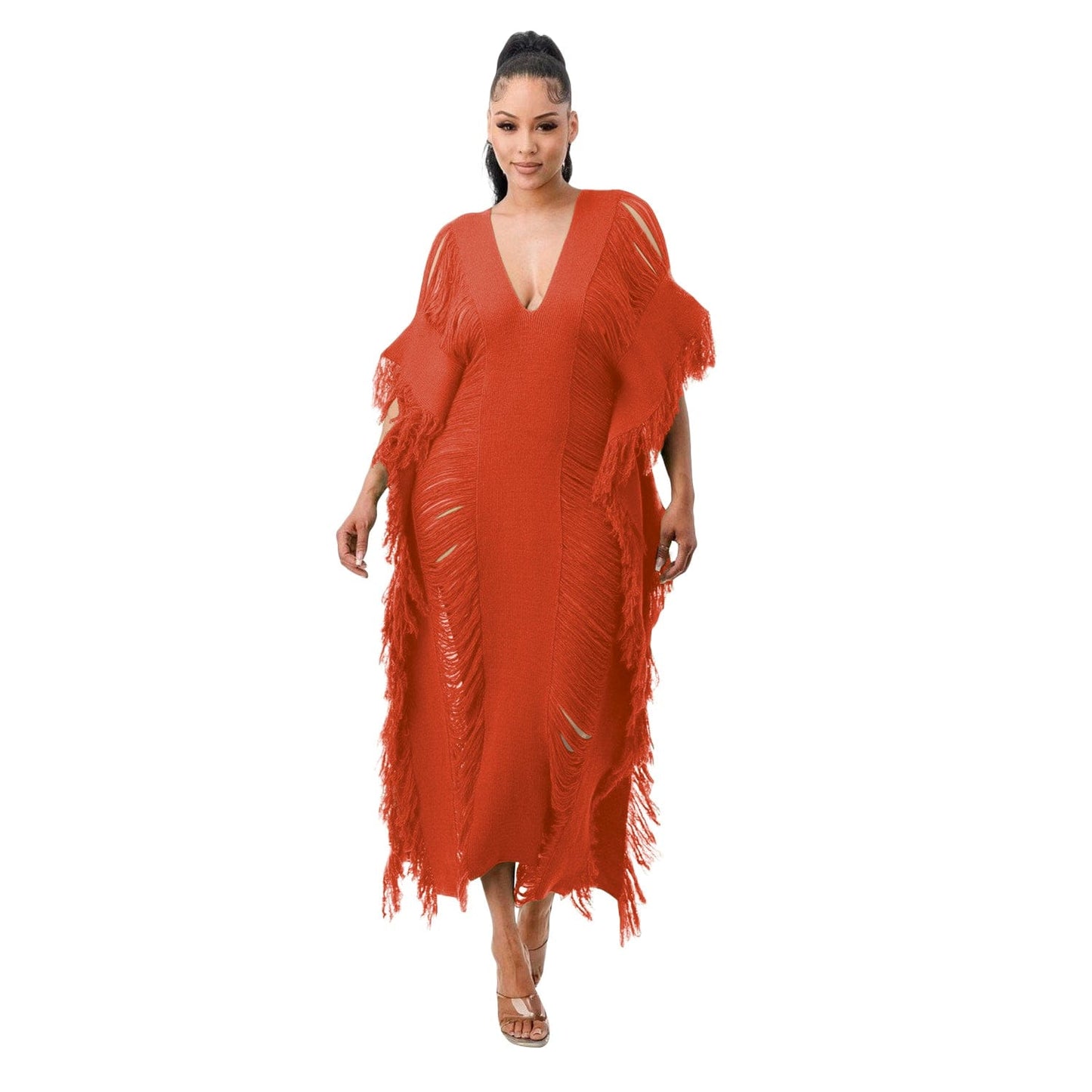 2 XL / Orange Trendy Women Clothes Solid Color Manual Knitted Sheer Fringed Dress