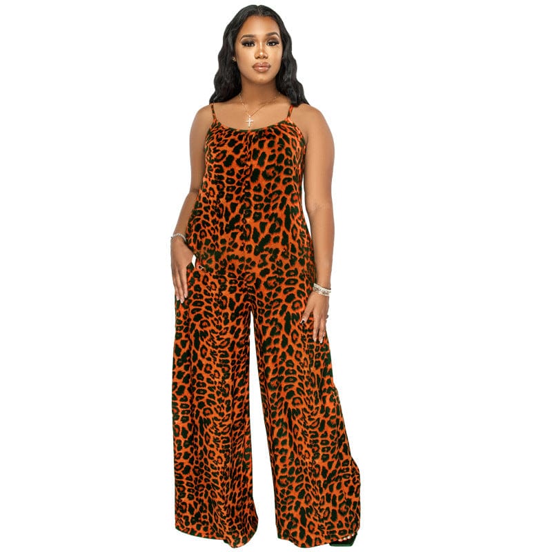 2 XL / Orange Wholesale Plus Size Strap Cheetah Print Womens Jumpsuit Leopard Print Wide Leg Jumpsuit Leopard Oversized Jumpsuits For Women