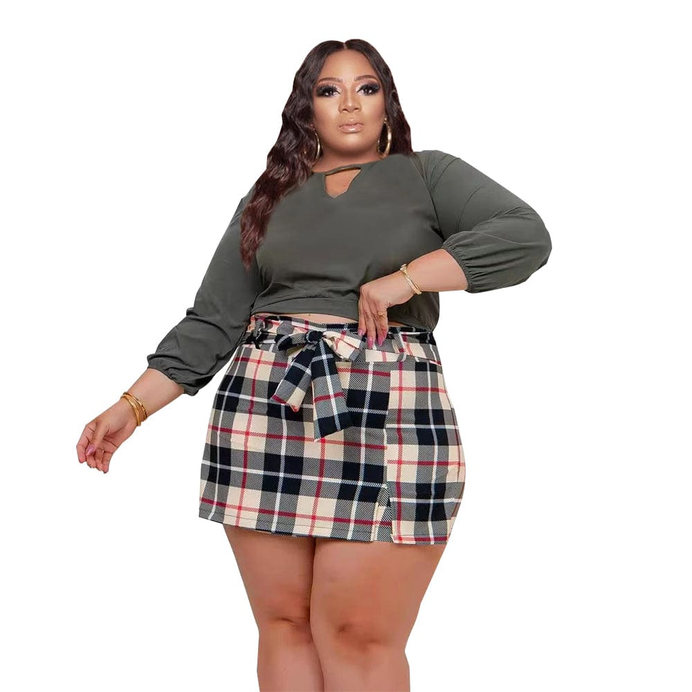 2 XL / P287232-2 Hot Selling Soft Fabric Plus Size Long Sleeve Top + Plaid Mini Culottes Two Piece Sets