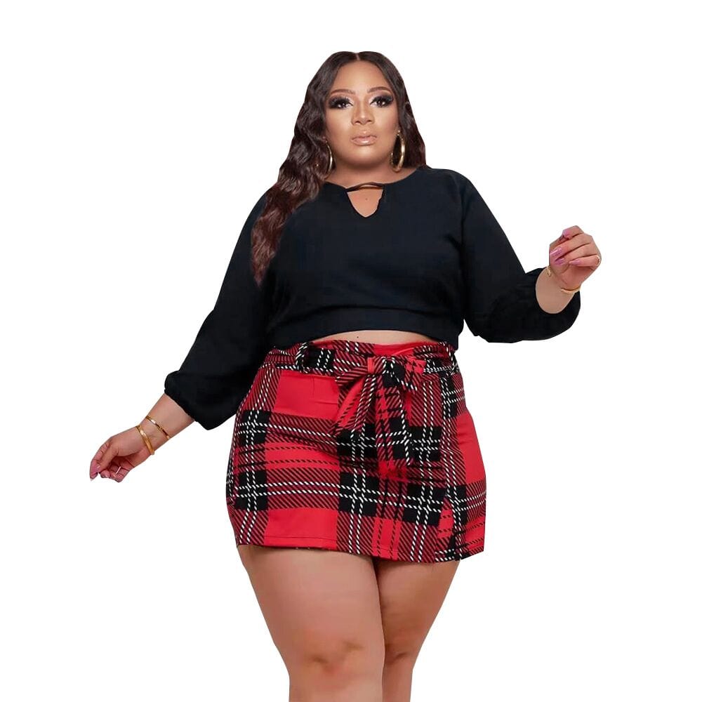2 XL / P287232-5 Hot Selling Soft Fabric Plus Size Long Sleeve Top + Plaid Mini Culottes Two Piece Sets