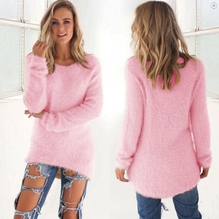 2 XL / Pink 2022 Fall Fashion Ladies Solid Color Fleece Loose Sweater Top Women Winter Crewneck Long Sleeve Pullover Warm Sweaters for Woman