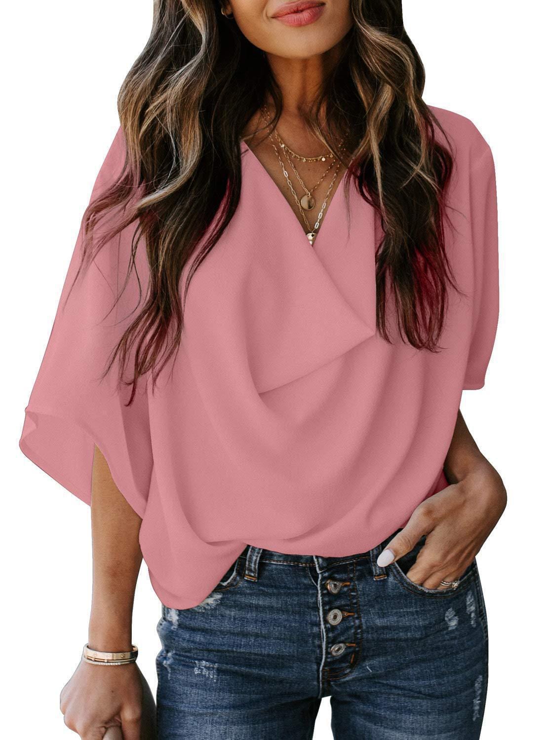 2 XL / Pink 2022 Summer Women New Fashion V-neck Short Sleeve Chiffon Solid Casual Tops T-Shirt Clothing Women's Top