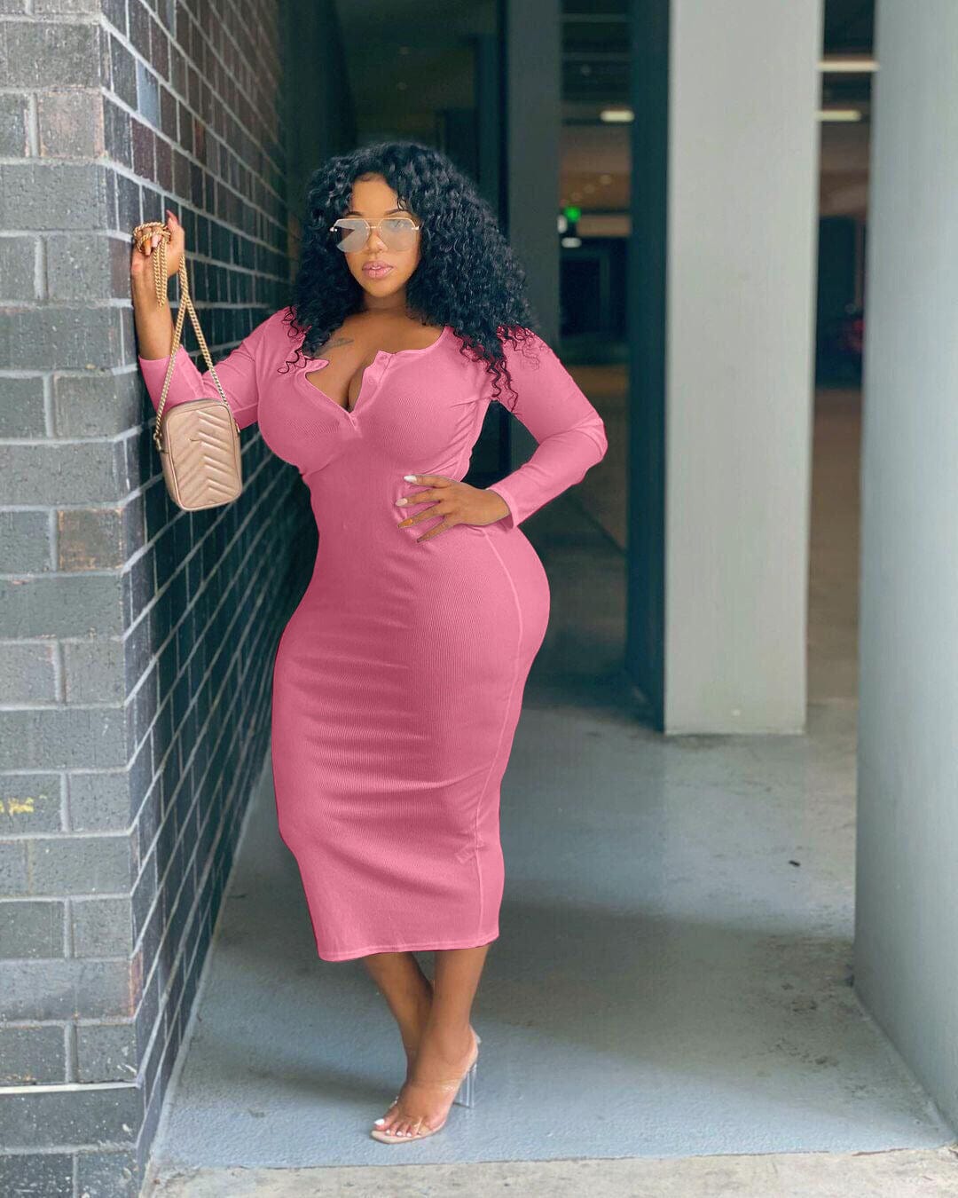 2 XL / Pink FNN-8629 Autumn And Winter Women'S Clothing Sexy Solid Color V-Neck Long-Sleeved Plus Size Women'S Dress