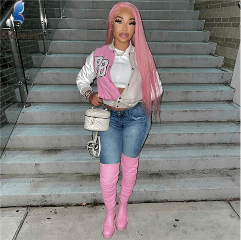 2 XL / Pink Girls' Ladies Trendy Fashion Crop Baseball Coats Women Fall Clothing Biker Jackets Winter Jacket Trench Coats T5247