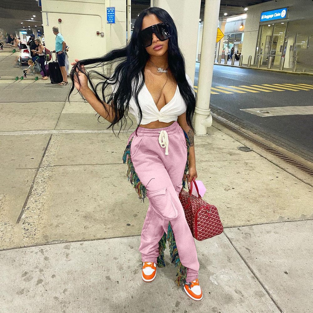 2 XL / Pink OUDINA Fashion Clothing Solid Color Pant Casual Fringed Trousers Tassel Jogger Women Sweat Pants