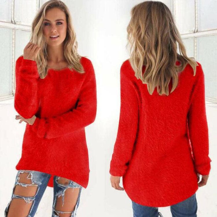 2 XL / Red 2022 Fall Fashion Ladies Solid Color Fleece Loose Sweater Top Women Winter Crewneck Long Sleeve Pullover Warm Sweaters for Woman