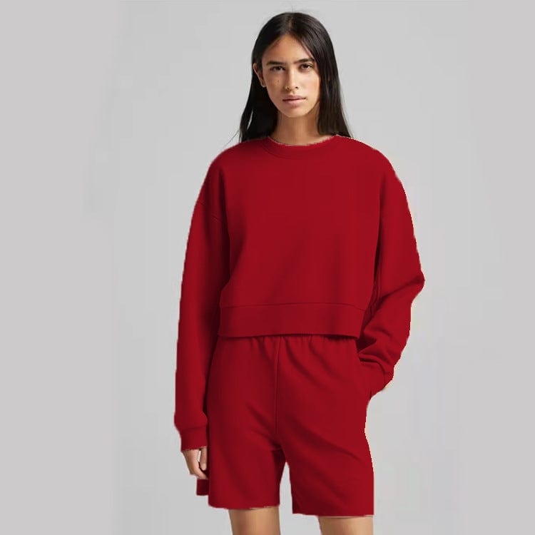 2 XL / Red 2022 Fashion Female Jogger Shorts And Long Sleeve Round Neck Sweatshirt Solid Color Sets Women's Two Piece Crop Top Shorts Set
