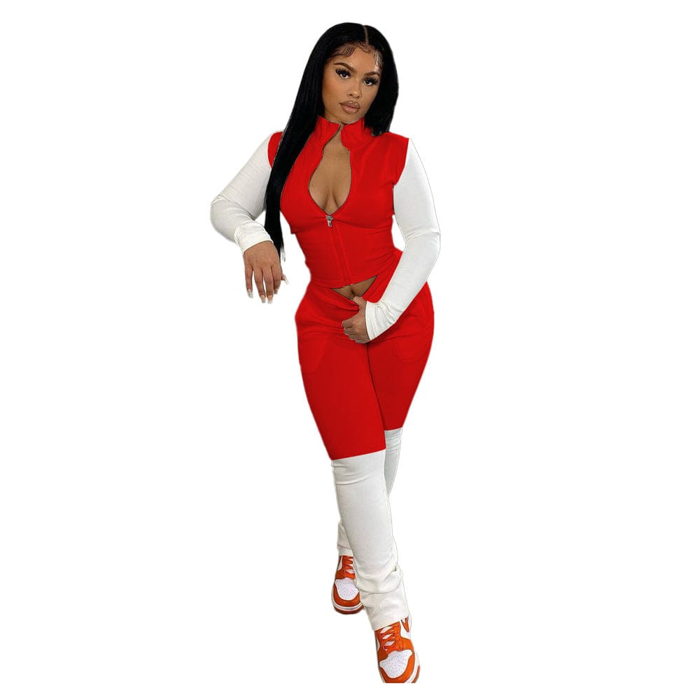 2 XL / Red Casual Long Sleeve Panel Woman Clothing 2 Pieces Set 2 Piece Fall Sets Sexy Two Piece Set