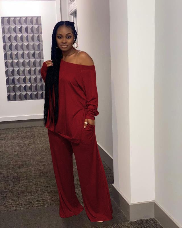 2 XL / Red CMM-756 Plus Size Women'S Solid Color Casual Split Blouse Wide Leg Pants Casual Wide-Leg Pants Two-Piece Suit