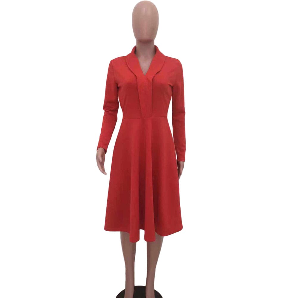 2 XL / Red Hot sale spring autumn ladies dress sexy fashion solid color dresses women's deep V-nece pleated dress