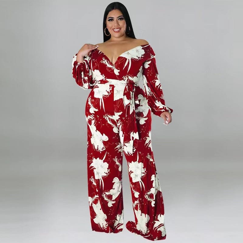 2 XL / Red J&H 2023 new arrivals plus size fall women clothes sexy v neck palazzo pants suits chic floral print wide leg jumpsuits casual